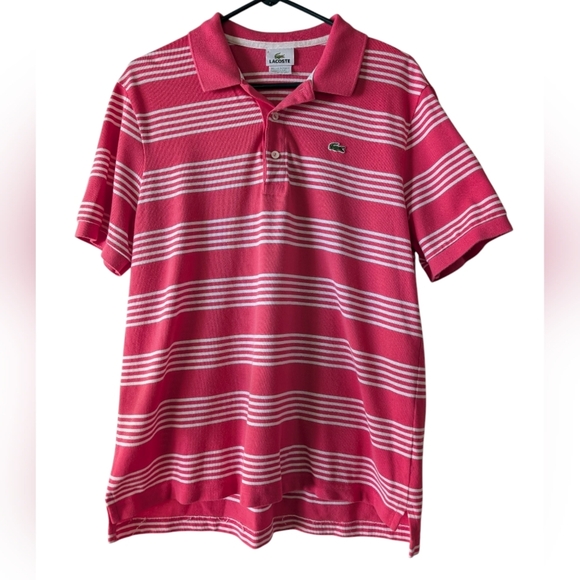 Lacoste Coral and White Striped Polo Shirt 6 - Picture 1 of 5